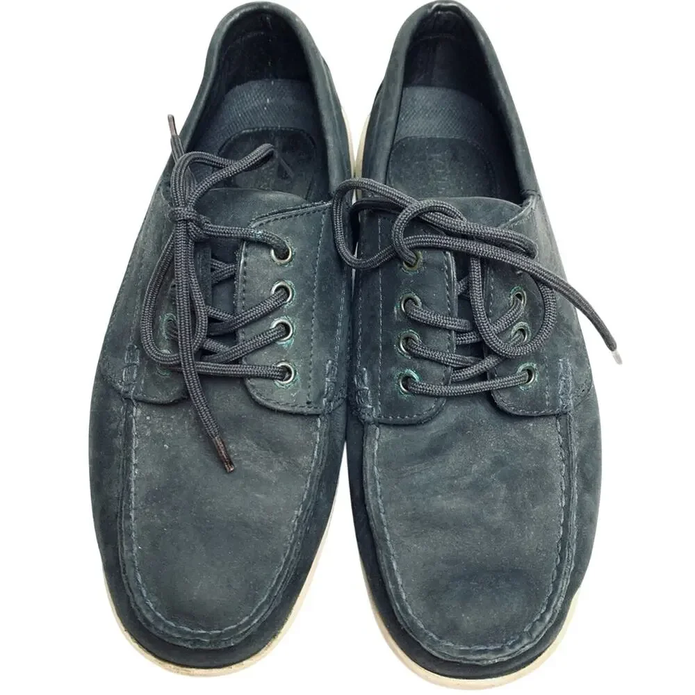 Lands End Mens Nubuck Casual Navy Blue Genuine Leather Boat Shoes Lace Up sz 9
